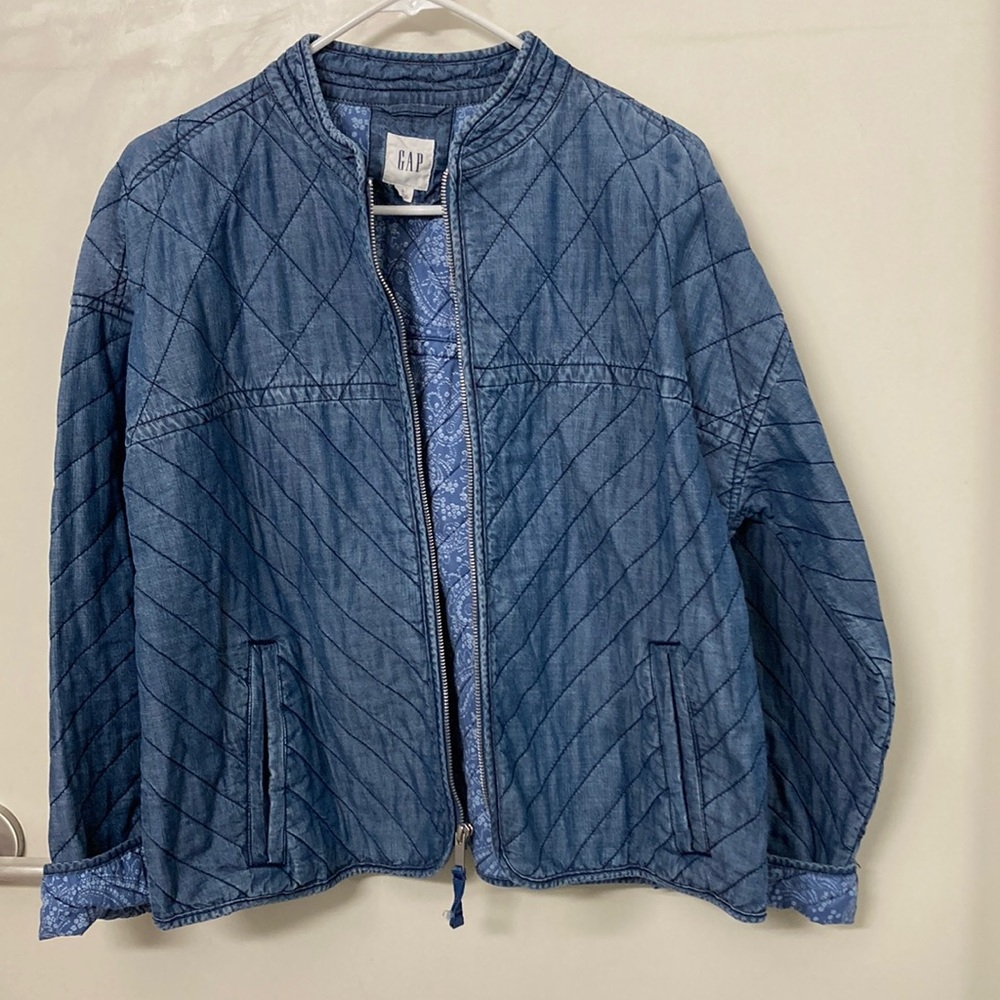 GAP Quilted Light Blue Denim Jacket with Patterned Lining